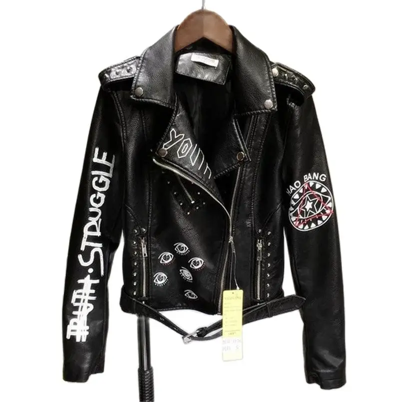 

LEDEDAZ Streetwear Fashion Women's Letter Printed Leather Jacket Short Black Punk Outerwear Zipper Belt Rivet PU Leather Coat