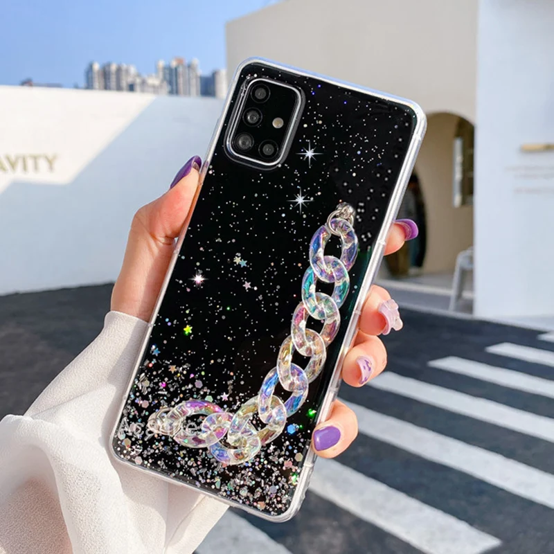 

Luxury Bling Glitter Chain Phone Case For Samsung Galaxy A71 A51 5G A21S A31 A41 M51 M31 M31S M21 Bracelet Wriststrap Back Cover