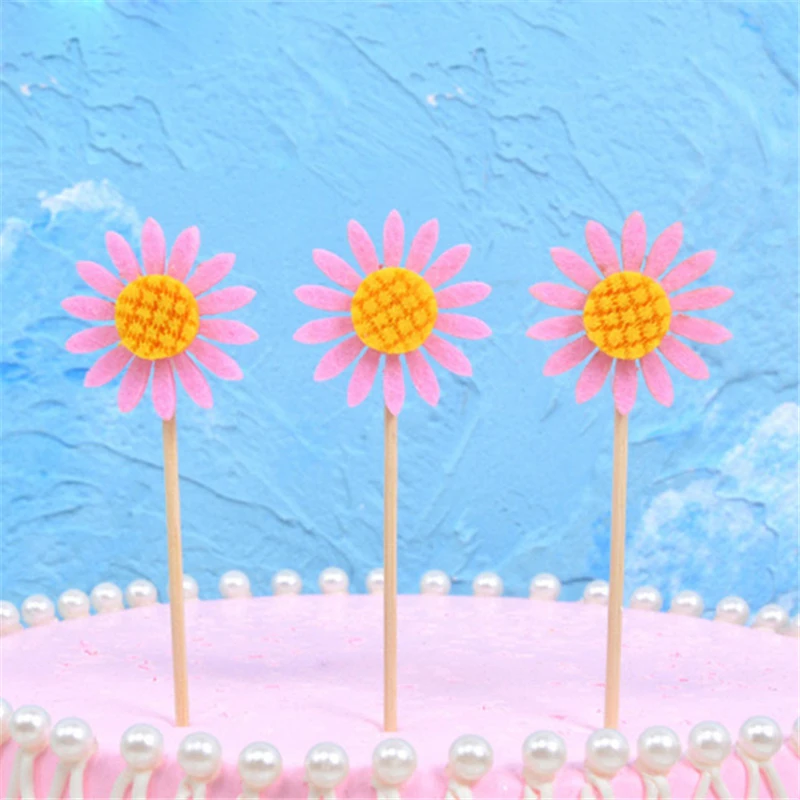 С Днем Рождения цветок торт Топпер для десерта золотой блеск Подсолнух флаг