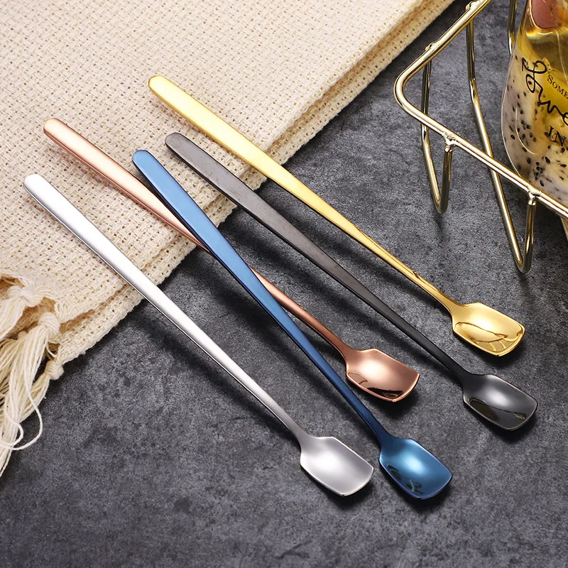 304 stainless steel square head spoon titanium plated golden mug spoon long handle stirring spoon honey spoon creative ice spoon