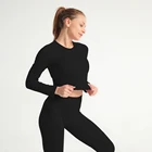 Женский бесшовный комплект для йоги из 2 предметов, ребристый комплект для тренажерного зала, одежда для фитнеса, одежда для тренировок, короткий топ с длинным рукавом, штаны для йоги, спортивный костюм