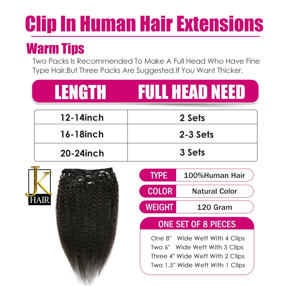 JK Волосы Бразильские Remy курчавые прямые волосы на клипсах для наращивания