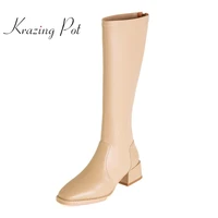 krazing pot genuine leather square toe med heel stretch boots korean street pretty girls dating non slip thigh high boots l82