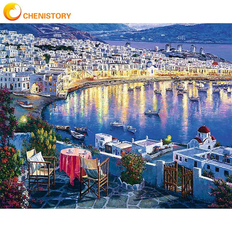 

CHENISTORY Pictures By Numbers Seaside Town Landscape Handpainted Kits Drawing Canvas DIY Oil Painting Seascape Home Decor Gift