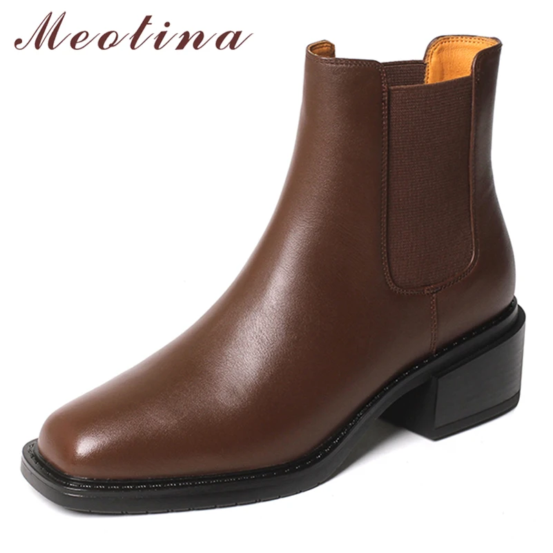 

Женские ботинки челси из натуральной кожи Meotina, ботильоны на толстом высоком каблуке, с квадратным носком, коричневого и черного цвета, разм...