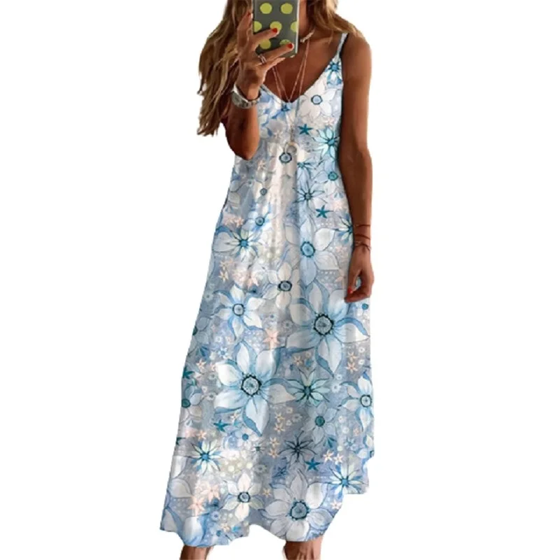 

Women Maxi Dress Summer Casual Sleeveless V-neck Printed Red Long Dress Streetwear Ladies Dresses Sexy Backless Clothing Vestido