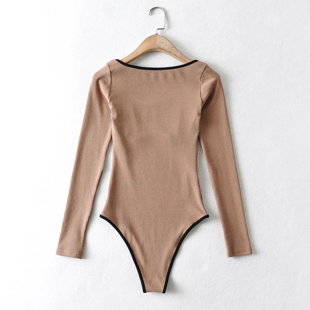 

2021 spring sexy square neck low-cut color matching side tight elastic long-sleeved pullover T-shirt one-piece trendy woman