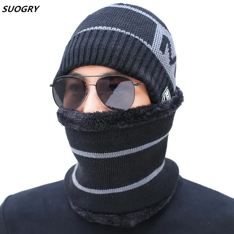 Для мужчин зимняя шапка и шарф вязаный комплект с надписями подкладом из шерсти