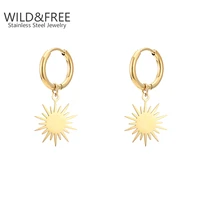 wildfree gold plated sun pendant hoop earrings for women stainless steel round mini circle earrings fashion jewelry wholesale