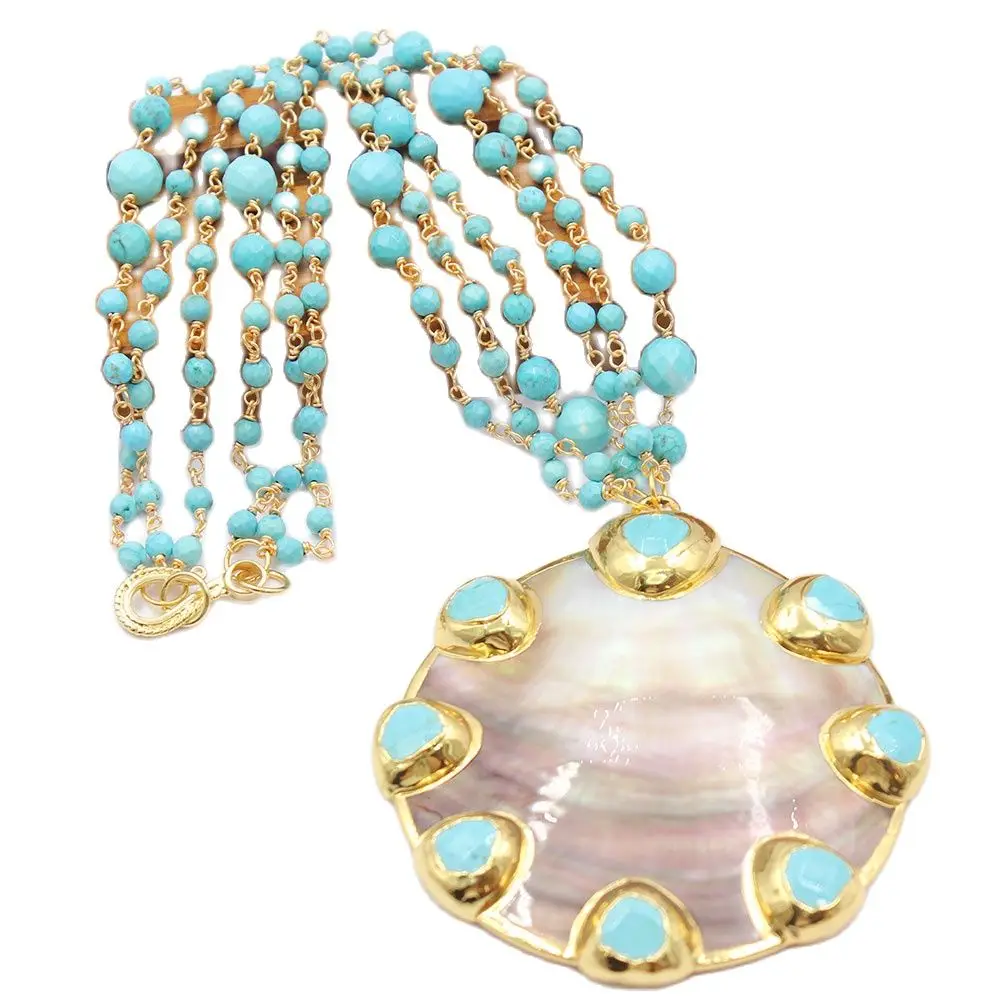 

GG Jewelry 3 Strands Natural Faceted Round Turquoises Chain Necklace Black Shell Pendant Gold Plated Handmade For Women