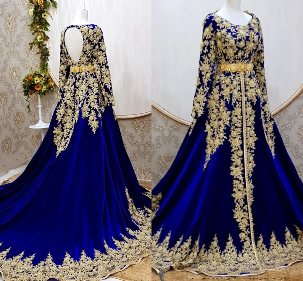 Caftan Marocain De ярко-синие вечерние платья с длинным рукавом Золотая аппликация