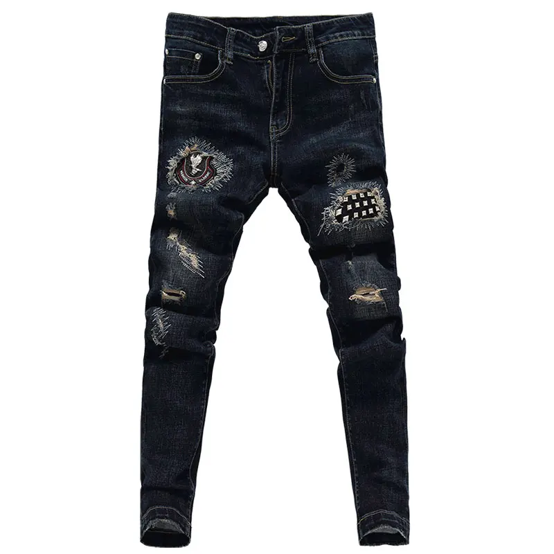 Мужские джинсы с дырками повседневные облегающие вышивкой в Корейском стиле 2019 |