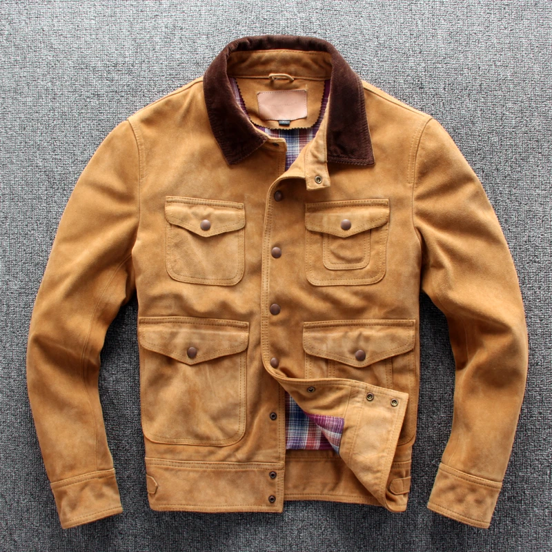 Мужская замшевая куртка с несколькими карманами желтая однобортная