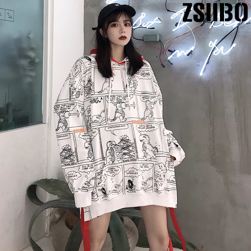 Готические толстовки с капюшоном мультяшным принтом динозавра Harajuku осенние