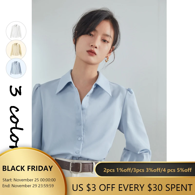 

FANSILANEN Puff Sleeve Vintage Spring Blouse Shirt Women Blue Elegant Office Ladies Top Female Casual White Button Up Shirt 2021