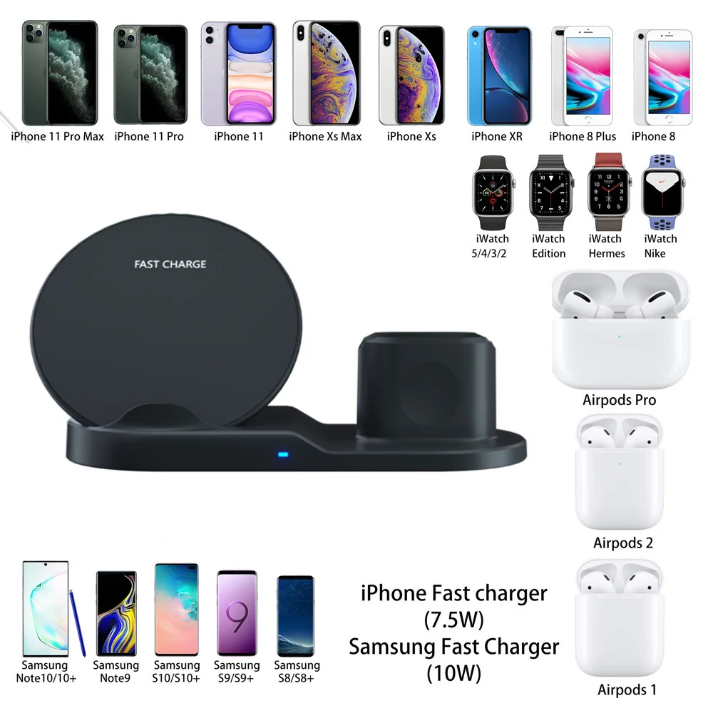 

3 IN 1 Wireless Charger Dock Station 10W Fast Charging Power Bank For iPhone XR XS 8 For iWatch 3 4 5 For AirPods For Xiaomi