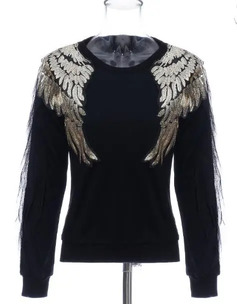 

2022 High quality autumn winter angel wings beaded personality stitching layered mesh sweater long-sleeved T-shirt women
