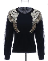 2022 high quality autumn winter angel wings beaded personality stitching layered mesh sweater long sleeved t shirt women