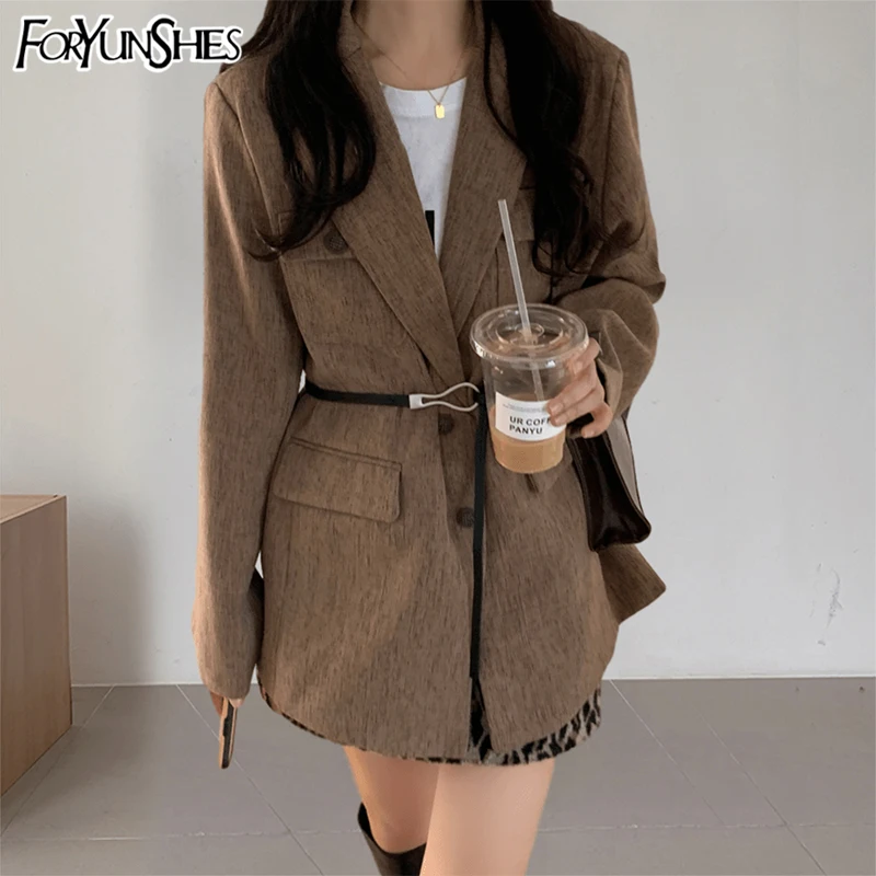 

Женский деловой Блейзер FORYUNSHES, Повседневный, плотный, свободный, с длинным рукавом, на шнуровке, Осень-зима 2020