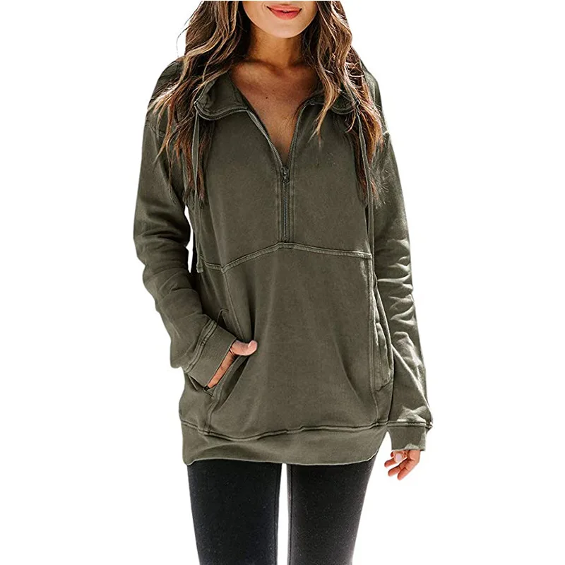 

Pocket Half Zipper Long Sleeve Women Plus Size Winter Hoodie Medium Length Casual Oversized Sweatshirt Pullovers Lady Clothing