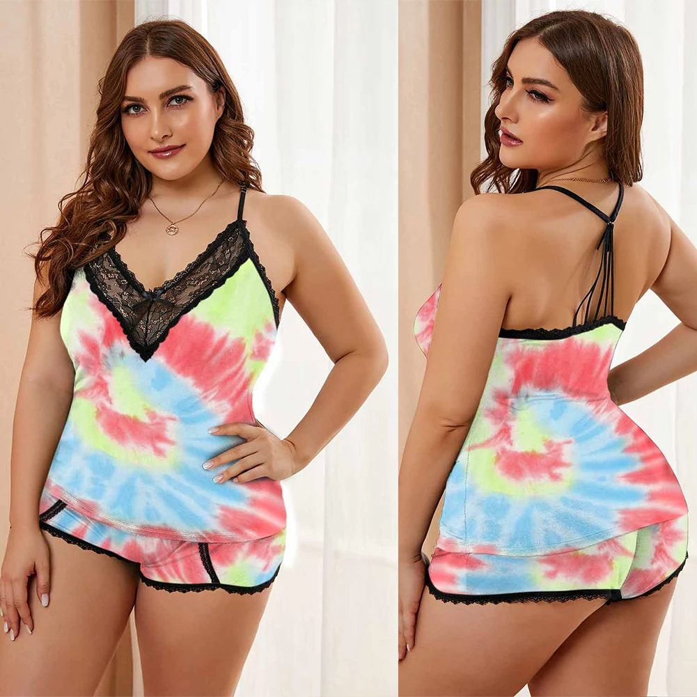 

CyiExi Plus Size Pajamas Camisole Shorts Set for Women Sexy V-neck Lace Tops + Bottom 2 Pieces Female Sleepwear Loungewear 5XL