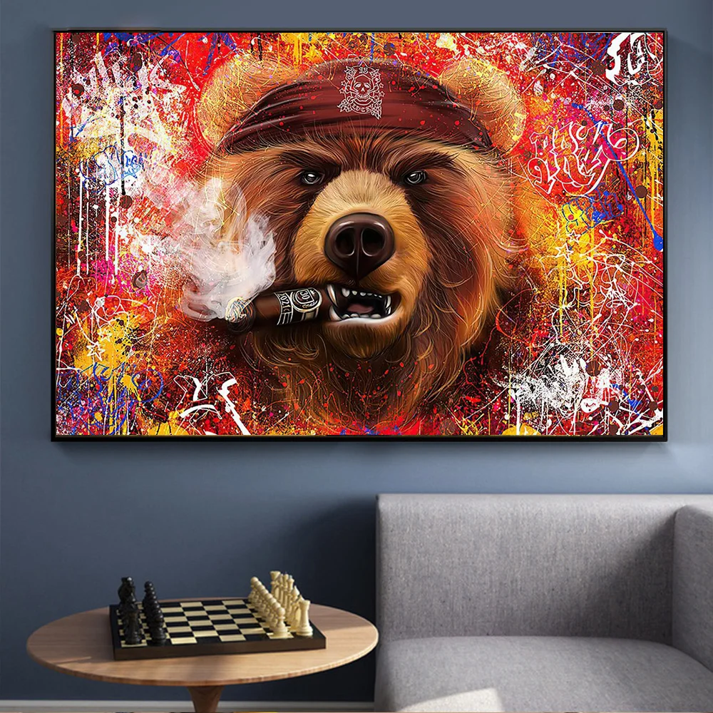 

Modern Smoking bear Poster Canvas Art Wall Picture On Home Decor Funny Animal Painting For Living Room Mural Cuadro Frameless