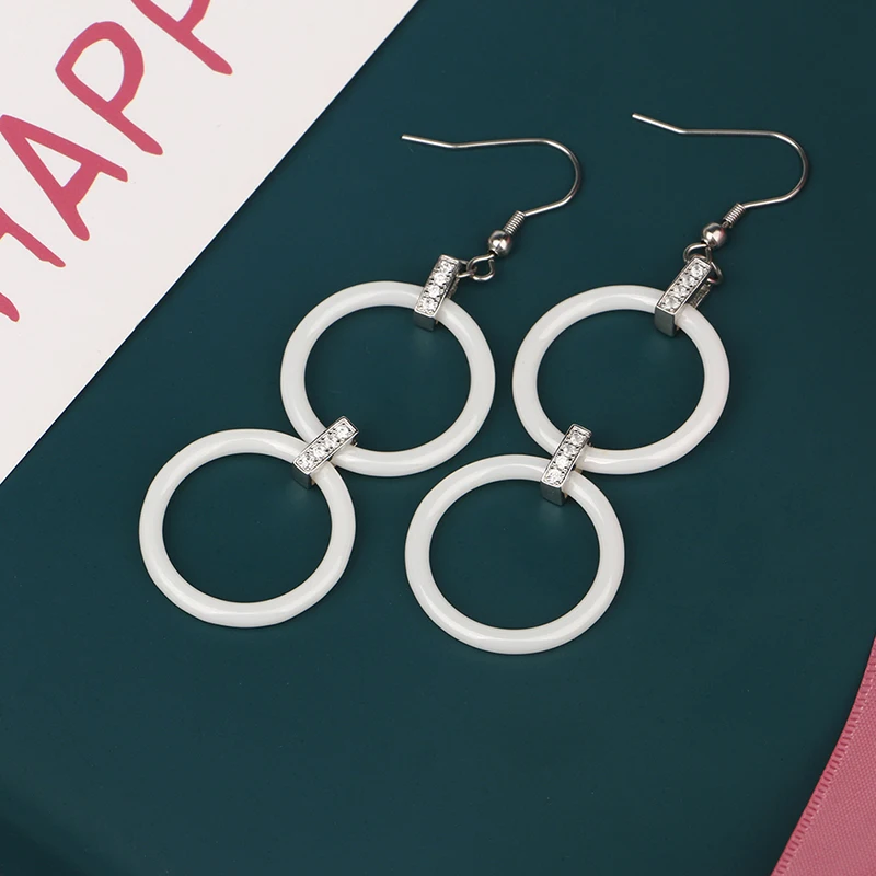 Новое поступление полые двухслойные белые керамические серьги блестящие стразы