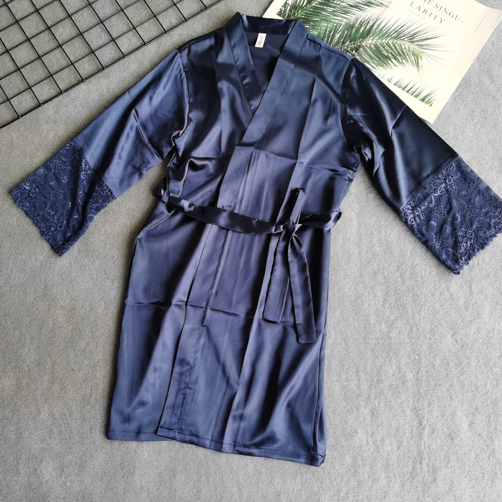 Women Silk Satin Short Night Robe Solid Kimono Robe Sexy Lace Trim Bathrobe Peignoir Bride Bridesmaid Robe Fashion Dressing Gown