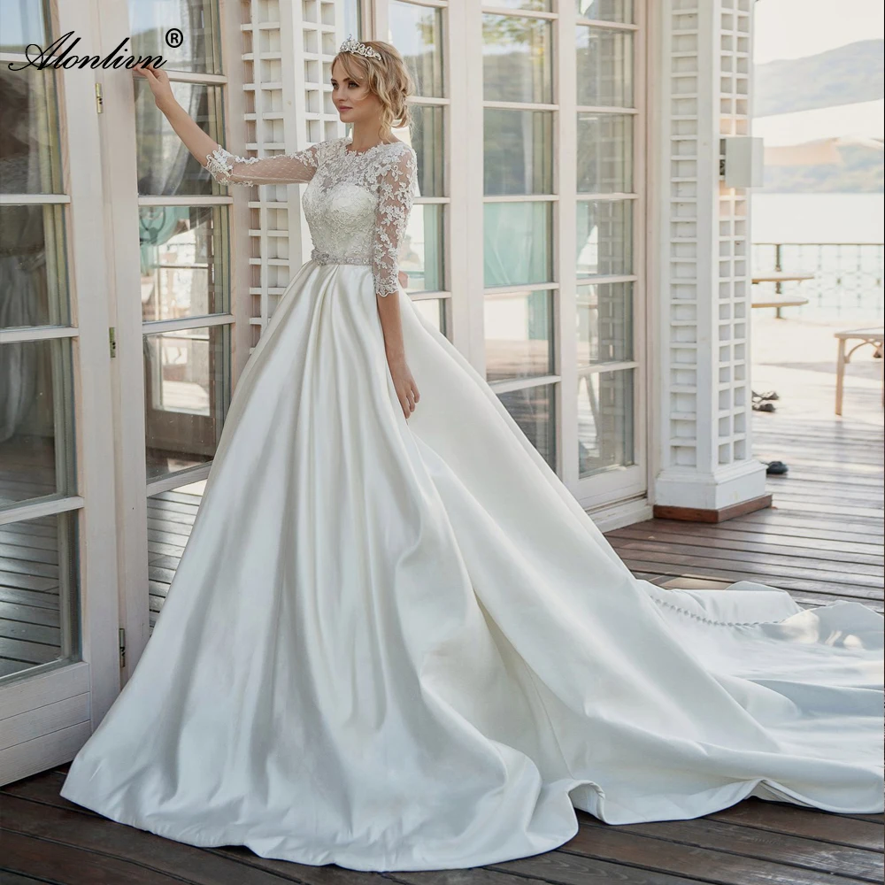 

Alonlivn High Quality Lustrous Satin With Button Wedding Dresses O-Neck Half Sleeves Beaded Crystals Sashes A-line Bridal Gowns