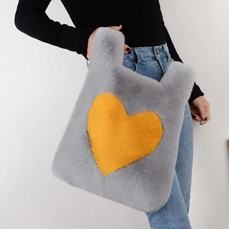New Style Fur, Fashionable, Versatile and Casual, Ladies Winter Large-capacity Handbags, Heart-shaped Stitching Messenger Bag