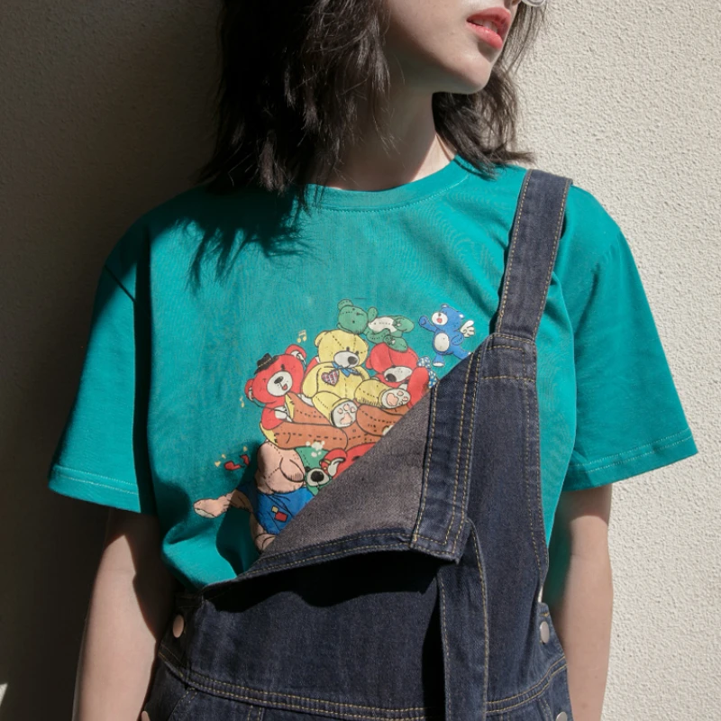 

Bear Print Short-sleeved T-shirt Women 2021 Summer New Korean Style Chic Loose O Neck Casual Tops Simple All Match Cute T-shirt