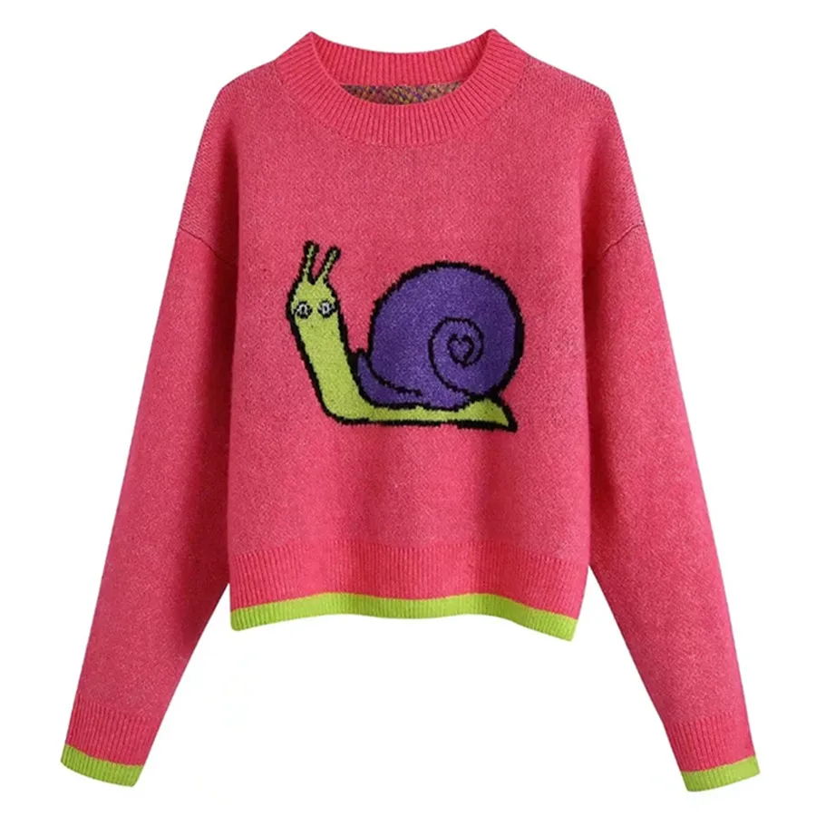 

Jenny&Dave England Style High Street Cartoon Snail Jacquard Weave Color Contrast O-neck Sweater Women Tops Winter Sweaters Wome