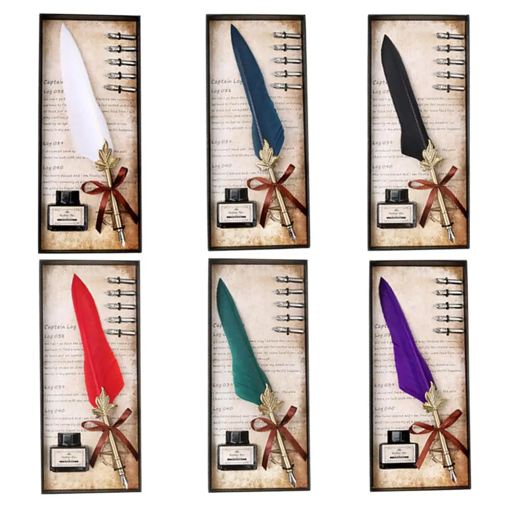 

Feather Quill Pen Retro Creative 15ML Refill Ink Antique Calligraphy with Box Drawing Stationery Pen