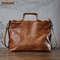 pndme vintage luxury natural genuine leather mens briefcase handbag business casual high quality cowhide shoulder messenger bag