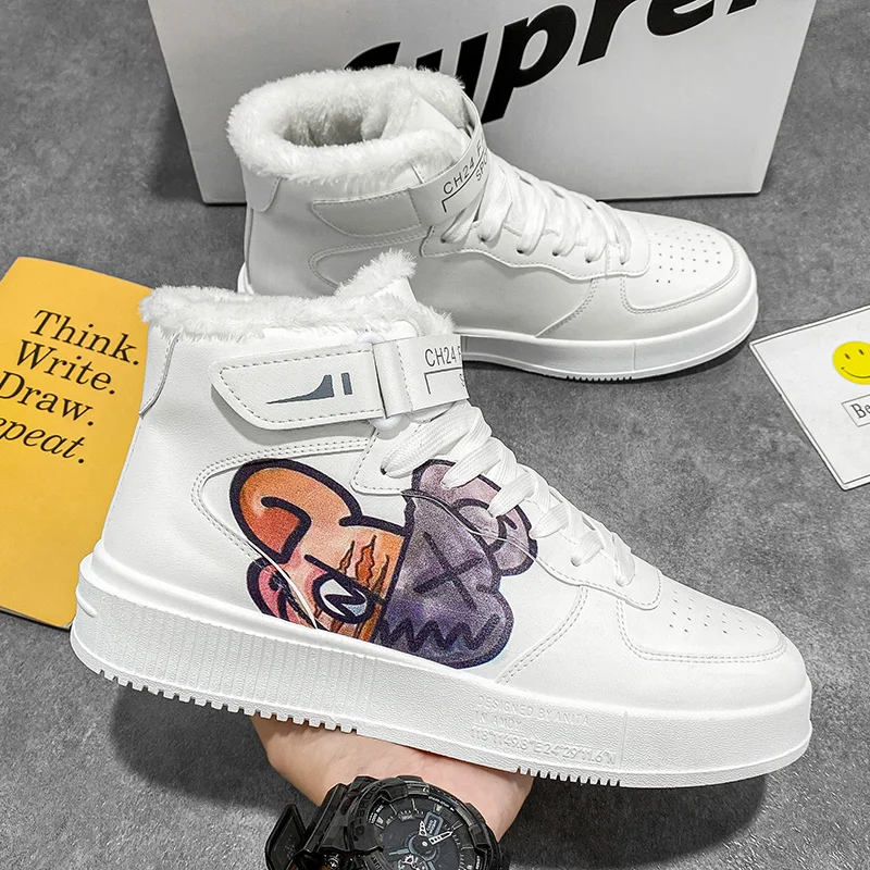 Men's Winter Sneakers Anime Skateboarding Shoes Men Streetwear High Top Anime Shoes Fashion White Plush Warm Casual Sneakers Men