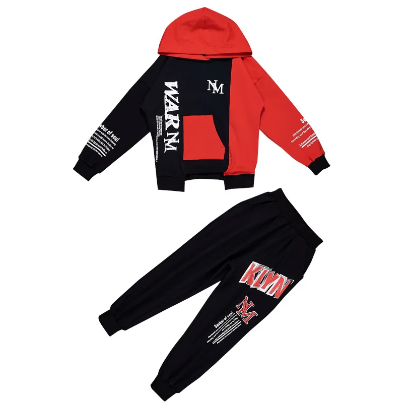 

spring new long sleeve suit boys' color matching two piece hooded suit Zhongda children's 12 fashion spring and autumn clothes