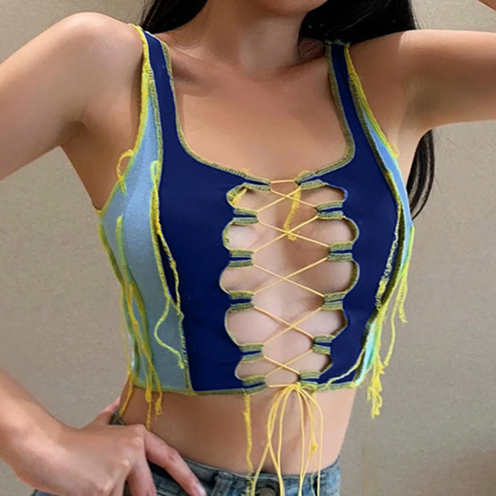 

Выдалбливают Y2K укороченный топ Для женщин лоскутное кружевное платье в рубчик с короткими повязки безрукавки для 2021 женские Для летних веч...