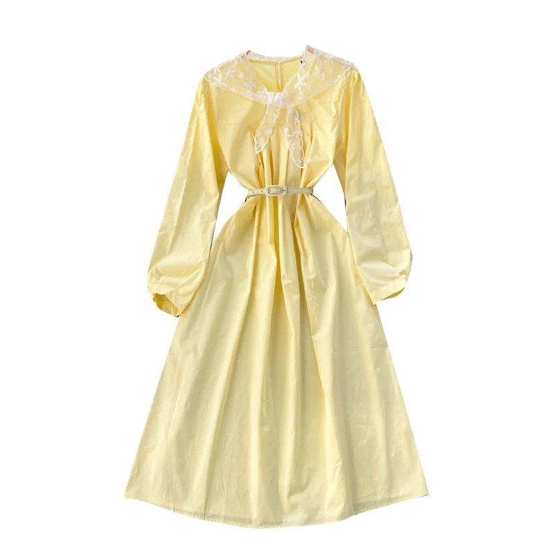 

New Spring Wear Korean Style Simple Pure Color Vestidos Female Temperament Round Neck Slim Puff Sleeve Midi Dress GK285