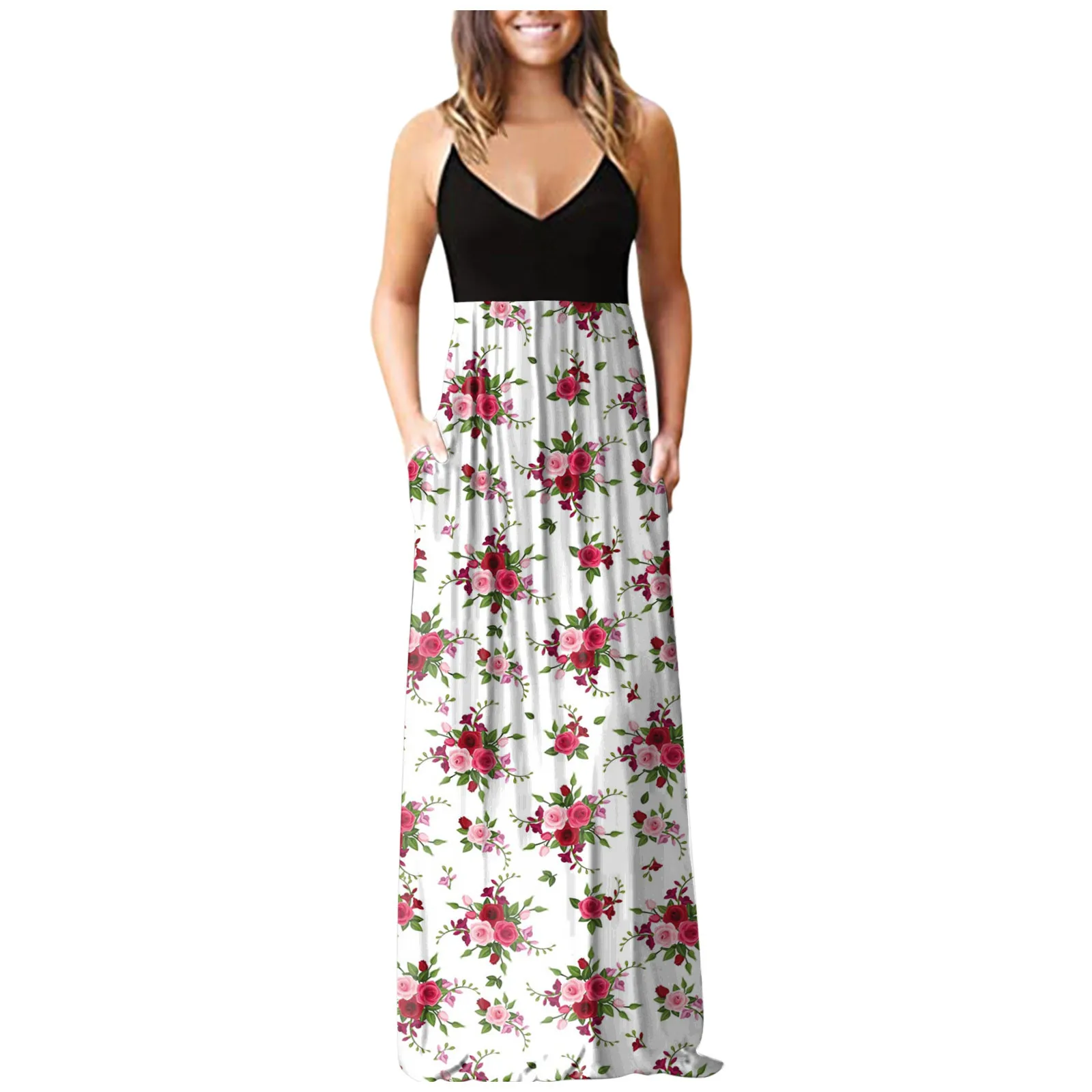 

62 # женское платье Дамское Платье без рукавов с карманами на каждый день с цветочным принтом пляжное Длинное свободное платье Пляжное плать...