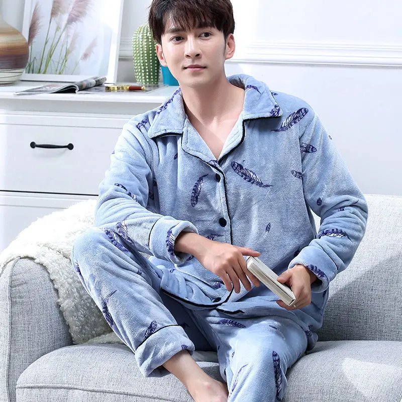 man pajama set Теплая Пижама Мужская Фланелевая Зимняя Толстая Пижама Мужская Толстая пижама с длинным рукавом Повседневная Осенняя Пижама для мужчин коралловый флис для сна XXXL - Цвет: man pajama set