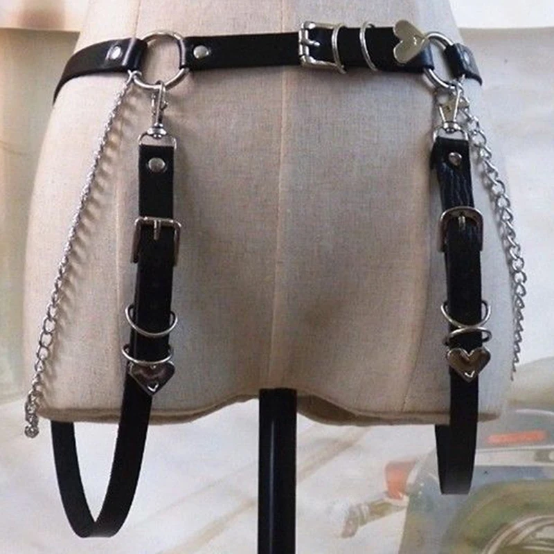 

Ремень из искусственной кожи Женский, готический декоративный пояс с металлической цепочкой и кольцом, для уличных танцев, для джинсов, чер...