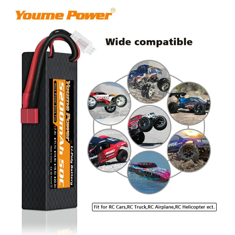 Youme-bater&iacute;a Lipo 2S de 7,4 V, 5200mah, 50C Deans T XT60 EC3 Deans, carcasa dura para coche RC, Dron FPV, helic&oacute;ptero, avi&oacute;n, barco, cami&oacute;n, 2 uds.-3
