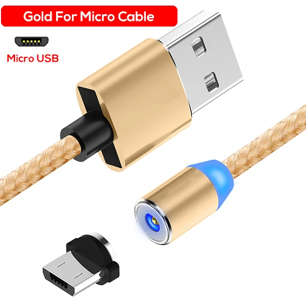 Gold for Micro Micro USB кабель, магнитный светодиодный светоотражающий нейлоновый Плетеный usb-кабель для зарядки Samsung HTC Huawei LG кабели для мобильных телефонов - Цвет: Gold for Micro