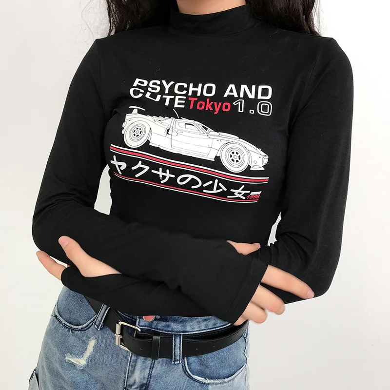 Женская футболка Goth черная облегающая с длинным рукавом и принтом в виде букв В