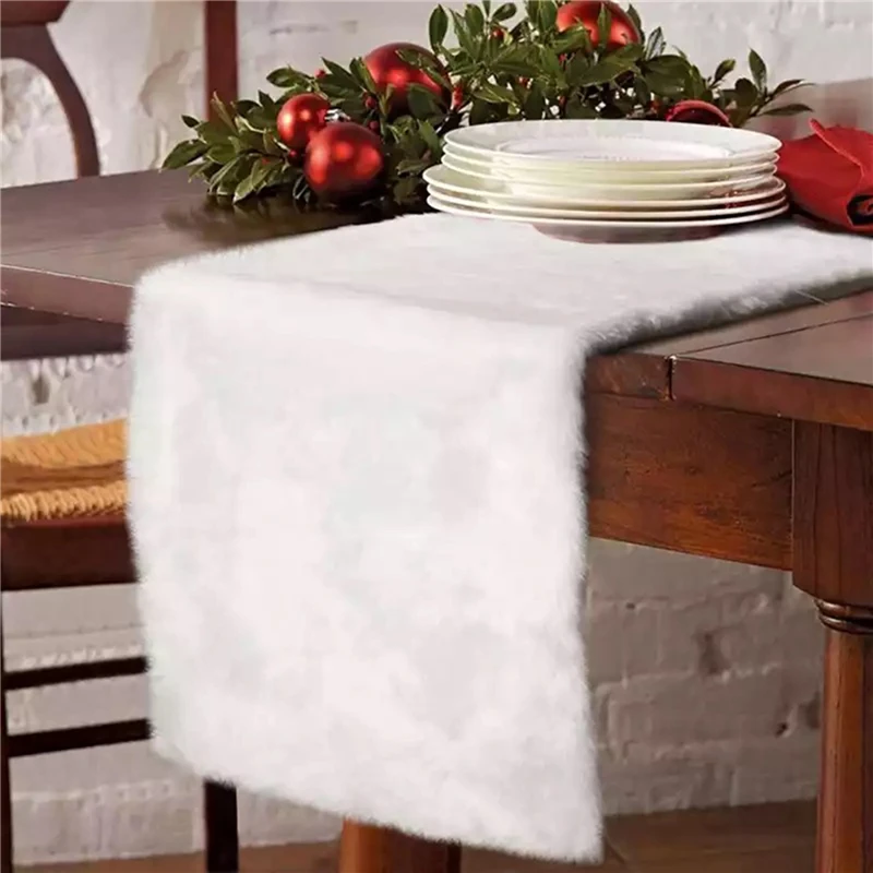 

1pc Luxury Cover Fluffy Modern Party Table Runner Faux Fur Thick Christmas Snowy White Holiday Soft Rectangle Home Decoration