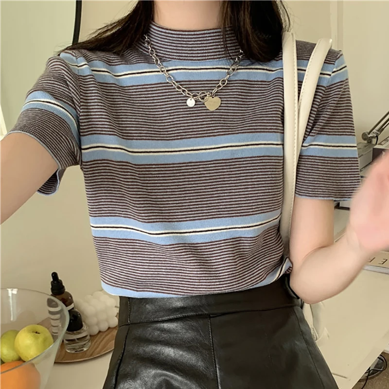 

Tee Shirt Femme Kawaii Knitted Striped T-shirt Tops Women 2021 O Neck Short Sleeve Summer Thin Slim Korean Fashion Tshirts Woman