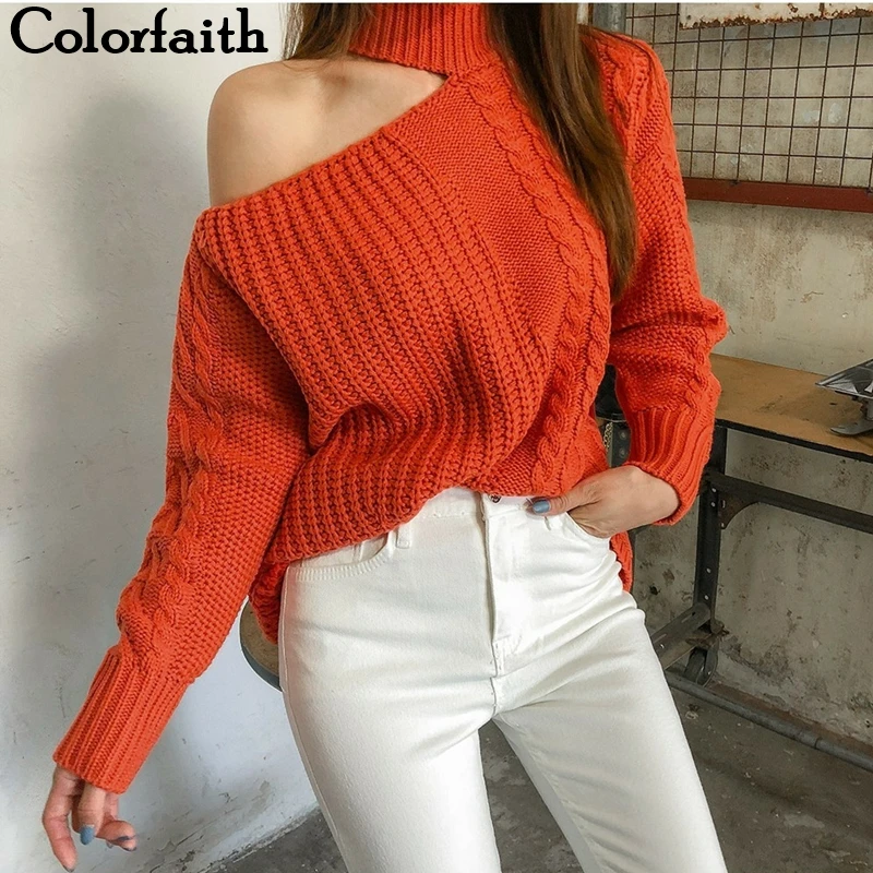 

Colorfaith, новинка 2021, Осень-зима, женские свитера, повседневные, минималистичные топы, сексуальные, корейский стиль, вязанные, с открытыми плеча...