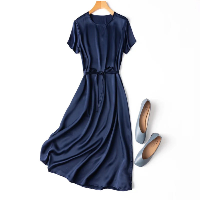 

Женские 100% шелк 20 momme Роскошные модные тяжелые длинное платье с коротким рукавом элегантное платье с круглым вырезом, в морском стиле Просты...