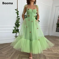 booma green cherry midi prom dresses bow straps pockets tea length wedding party dresses pleated tulle a line formal gowns