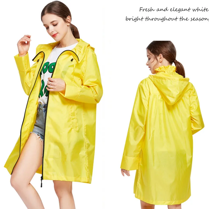 

Waterproof Yellow Raincoat Long Women Ladies Girls Outdoors Rain Poncho with Zipper Hooded Impermeable Rain Coat Jacket LZG301